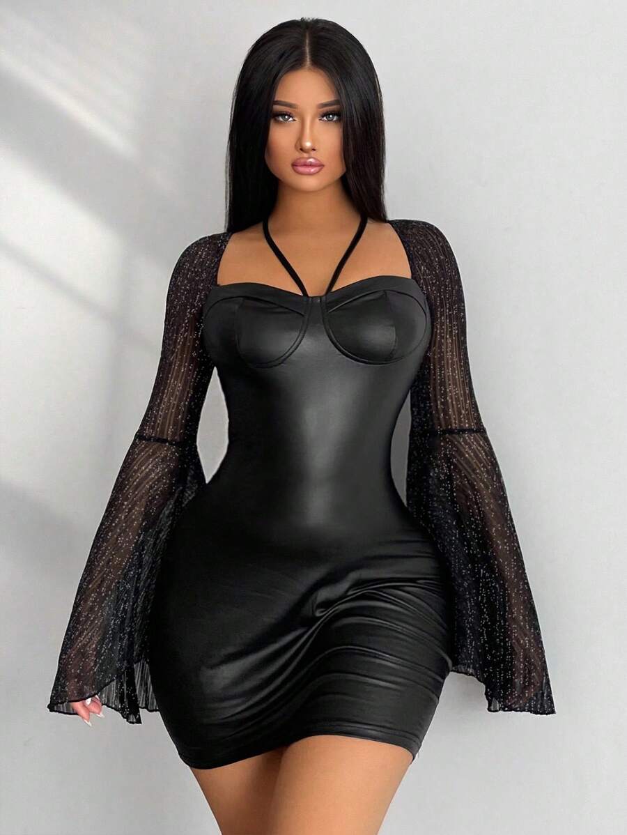 VaVaBold 性感網拼接 後系帶純色女士連衣裙 - 黑色 - 查看 1