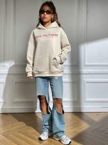 SHEIN Unity Capucha con estampado de slogan con bolsillo de canguro de hombros caídos - Albaricoque - Ver 5