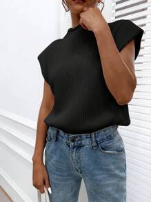 SHEIN LUNE Solid Batwing Sleeve Sweater Vest - Black - View 3