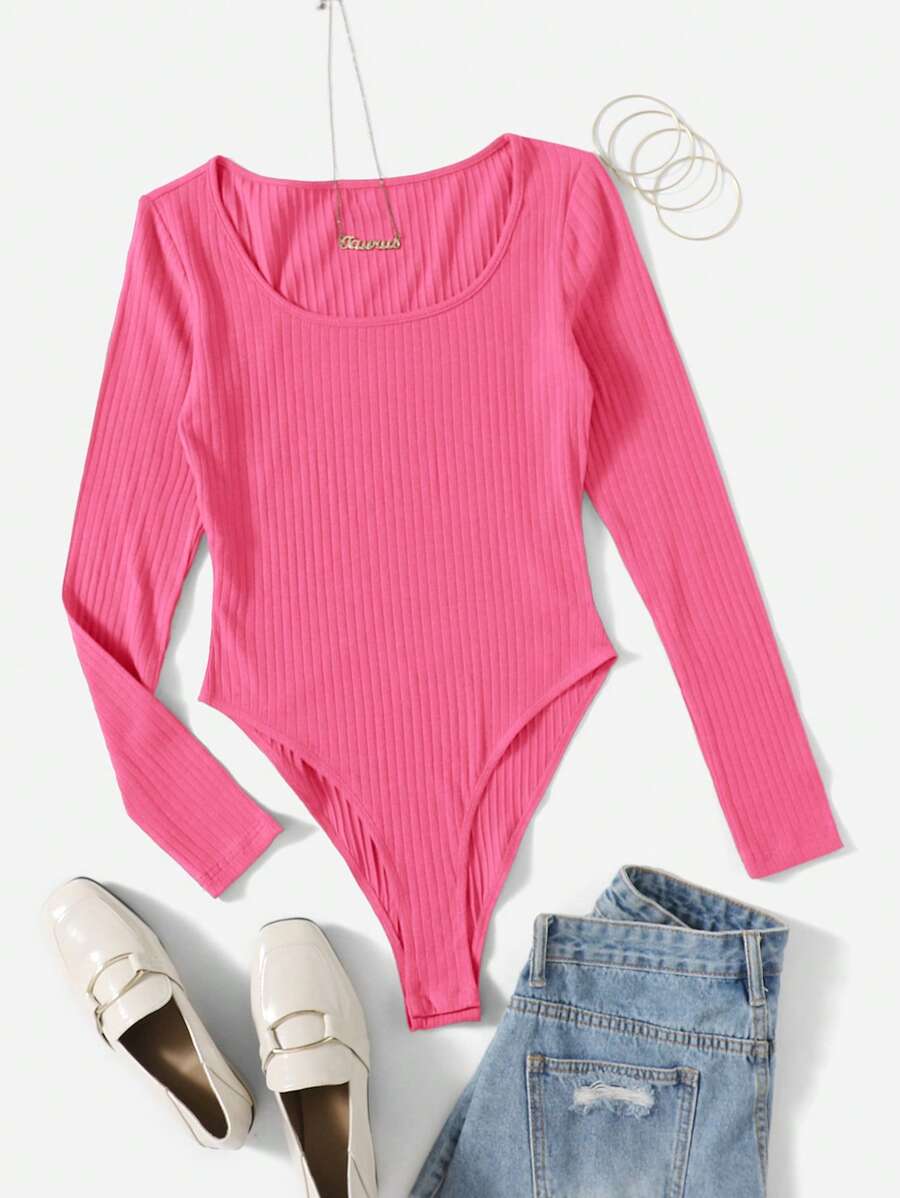 SHEIN EZwear Autumn And Winter Rose Pink Scoop Neck Ribbed Knit Long Sleeves Slim Fit Bodysuit - Hot Pink - View 1