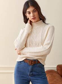 SHEIN Frenchy Solid Cable Knit Sweater Winter Casual - Apricot - View 3