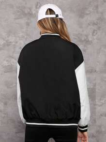 Teen Girl Letter Graphic Drop Shoulder Two Tone Varsity Jacket - Black and White - View 2