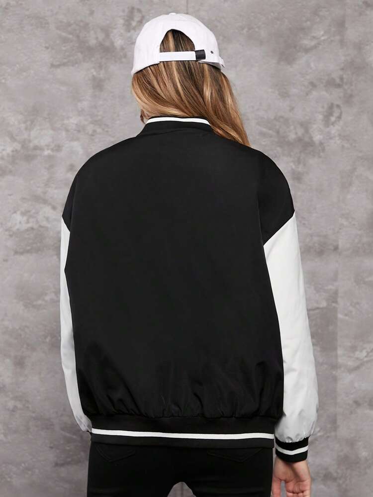 Teen Girl Letter Graphic Drop Shoulder Two Tone Varsity Jacket