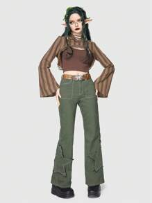 ROMWE Fairycore Striped Print Flounce Sleeve Super Crop Top Without Cami Top - Brown - View 2