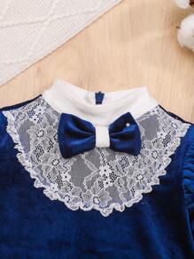 SHEIN Babygirl Velvet Bow Contrast Lace Ruffle Hem Long Sleeve Dress - Blue - View 3