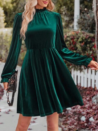 Frill Trim Flare Sleeve Velvet Dress
