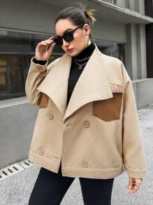 SHEIN Essnce Plus Waterfall Collar Drop Shoulder Jacket Winter Autumn - Khaki - View 1