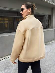 SHEIN Essnce Plus Waterfall Collar Drop Shoulder Jacket Winter Autumn - Khaki - View 3