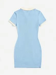 SHEIN EZwear Contrast Trim Polo Neck Bodycon Dress - Blue - View 3