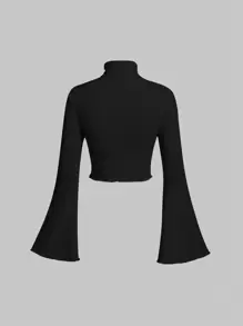 SHEIN MOD Solid Mock Neck Bell Sleeves White Tee - Black - View 2