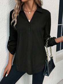 SHEIN LUNE Áo sơ mi viền cong tay cuộn nửa cúc - màu đen - Xem 3