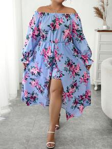 Celure Plus Floral Print Off Shoulder Flounce Sleeve Romper - Blue - View 4