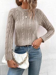 Calvaya Cable Knit Round Neck Sweater,Long Sleeve Tops Knit Pullover Fall Winter Outfit - Khaki - View 5