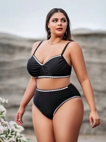 SHEIN Swim Curve Plus款車縫褶皺比基尼套裝 - 黑色 - 查看 4