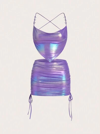 SHEIN ICON Holographic Hanky Hem Cami Top & Drawstring Side Skirt