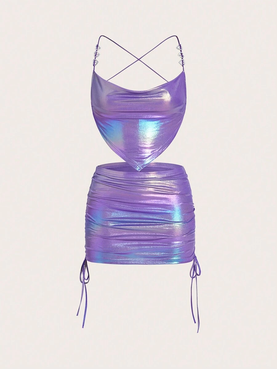 SHEIN ICON 鐳射手帕下擺吊帶上衣&側抽繩半身裙 - 紫色 - 查看 1
