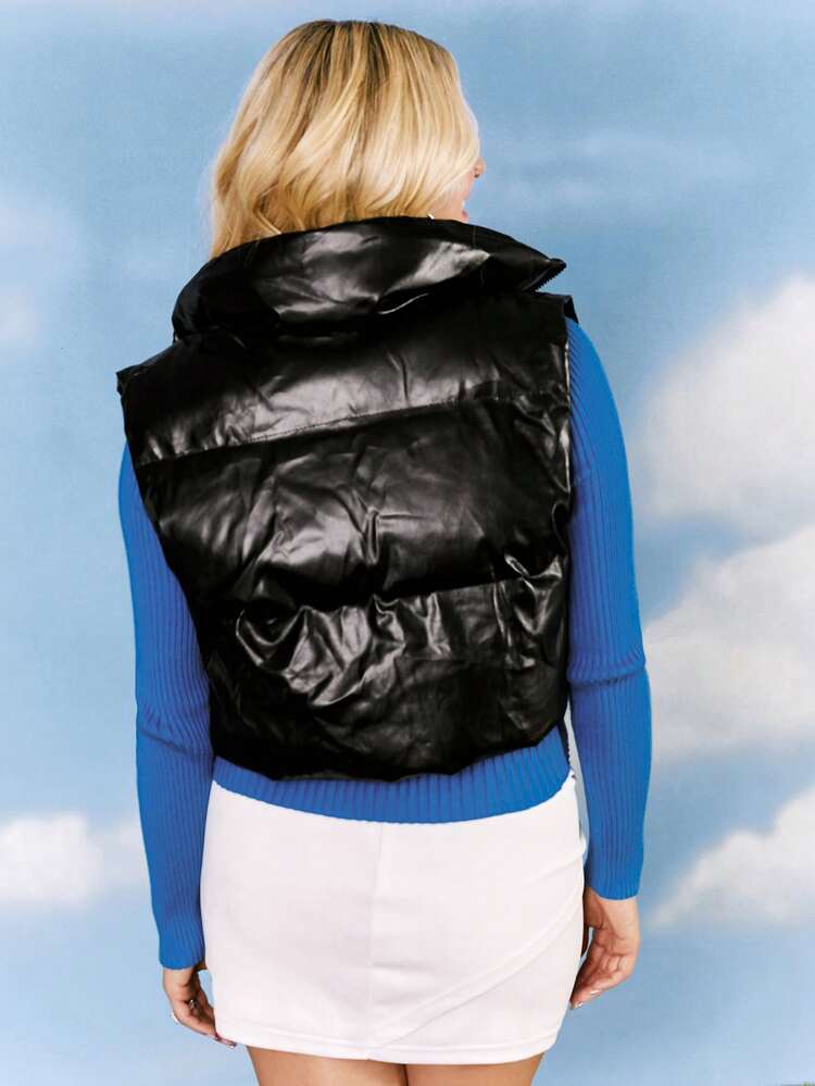 Drawstring Hem Zipper PU Leather Vest Padded Coat In Fall/Winter