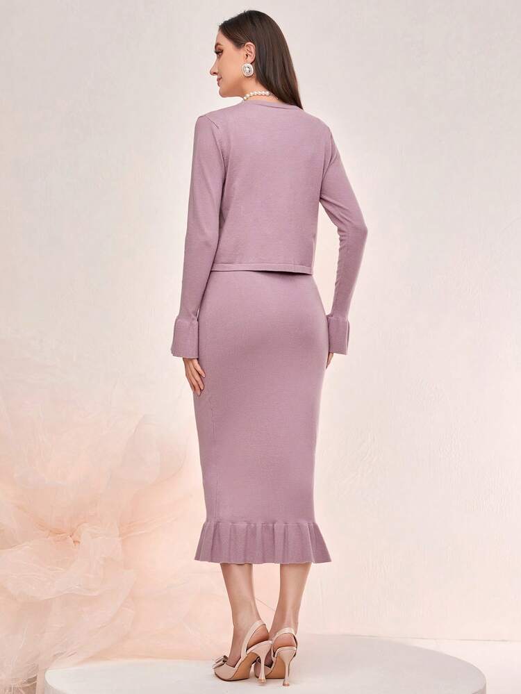 Flounce Sleeve Cardigan & Ruched Bust Cami Sweater Dress