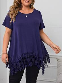 EMERY ROSE Talla grande Camiseta con encaje bajo con fleco - Azul Marino - Ver 4