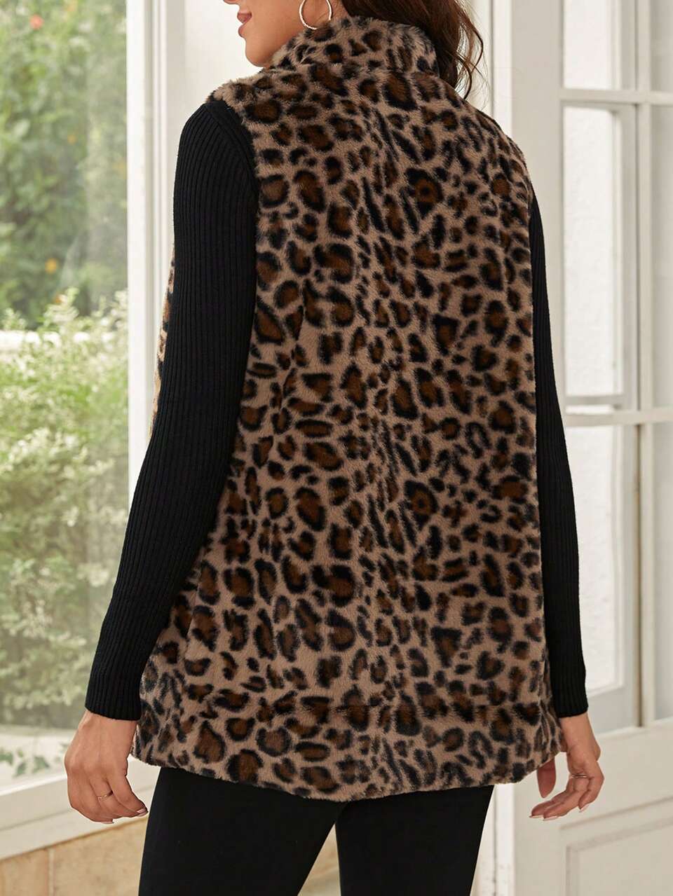 Leopard Print Zip Up Vest Fuzzy Coat In Fall/Winter