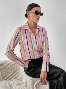 SHEIN Essnce Striped Print Pocket Patched Shirt - Multicolor - View 5