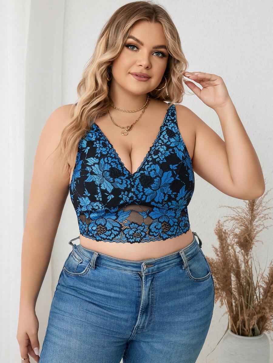 Plus Floral Lace Longline Bralette, Lingerie - Blue - View 1