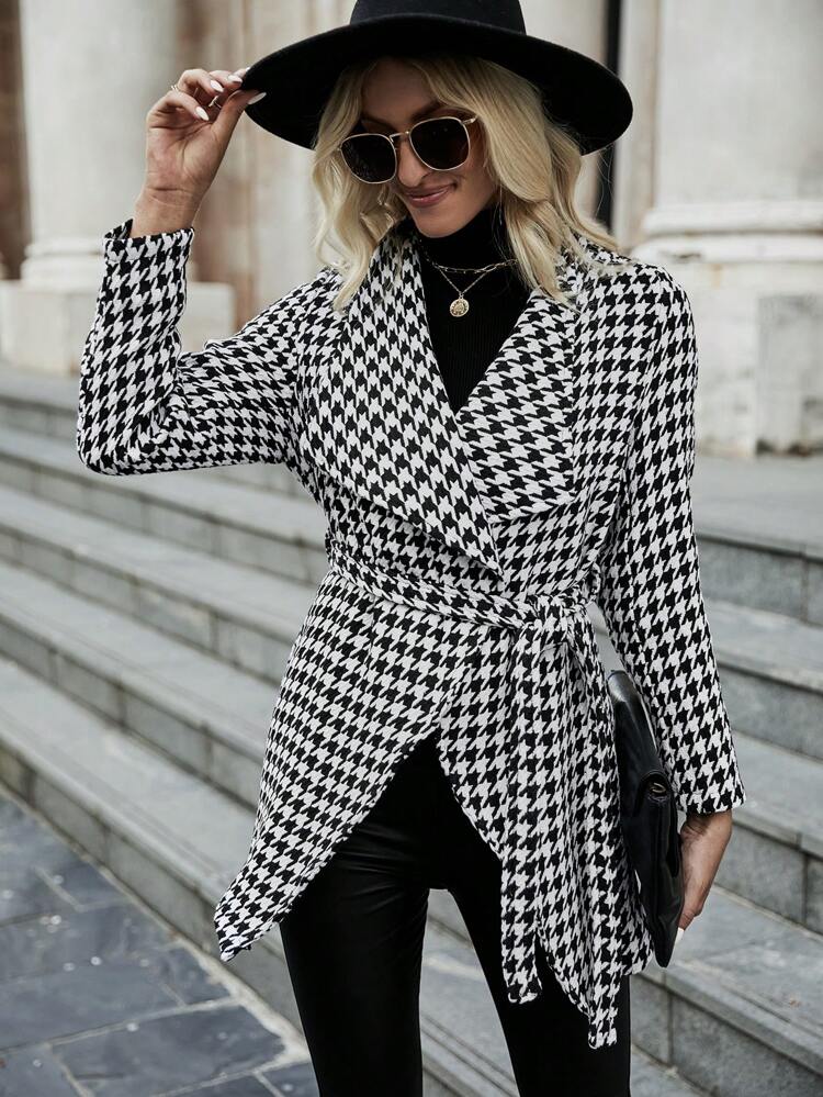 Houndstooth Print Waterfall Collar Belted Overcoat