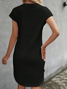 SHEIN LUNE 豹紋印花蝙蝠袖T恤洋裝 - 黑色 - 查看 2