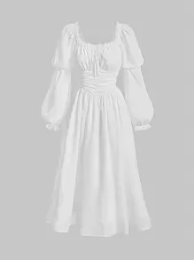 SHEIN MOD 褶邊前打結荷葉袖胸部褶皺洋裝 - 白色 - 查看 1