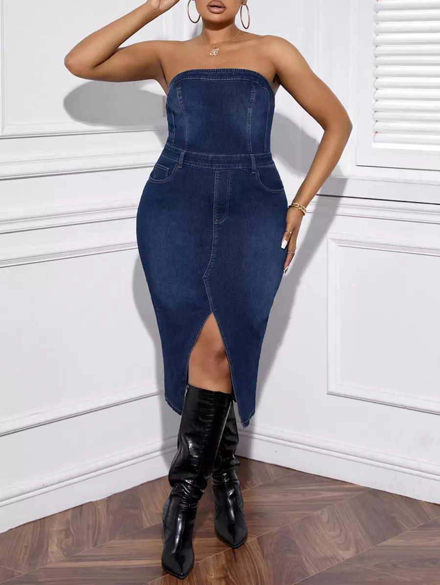 SHEIN Privé 大碼高衩抹胸牛仔連衣裙 - 藍色 - 查看 1