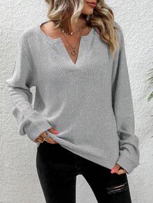 SHEIN LUNE Áo len trễ vai có đường viền cổ chữ V - Màu Xám nhạt - Xem 4