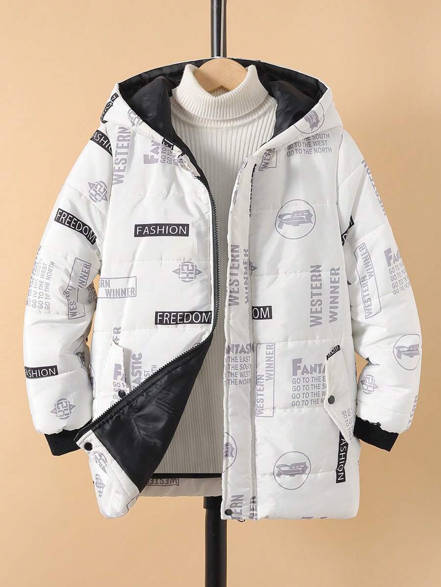 Tween Boy Slogan Graphic Hooded Padded Coat Without Sweater