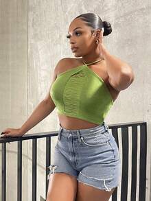 SHEIN SXY 素色破洞短款吊脖針織上衣 - 綠色 - 查看 3