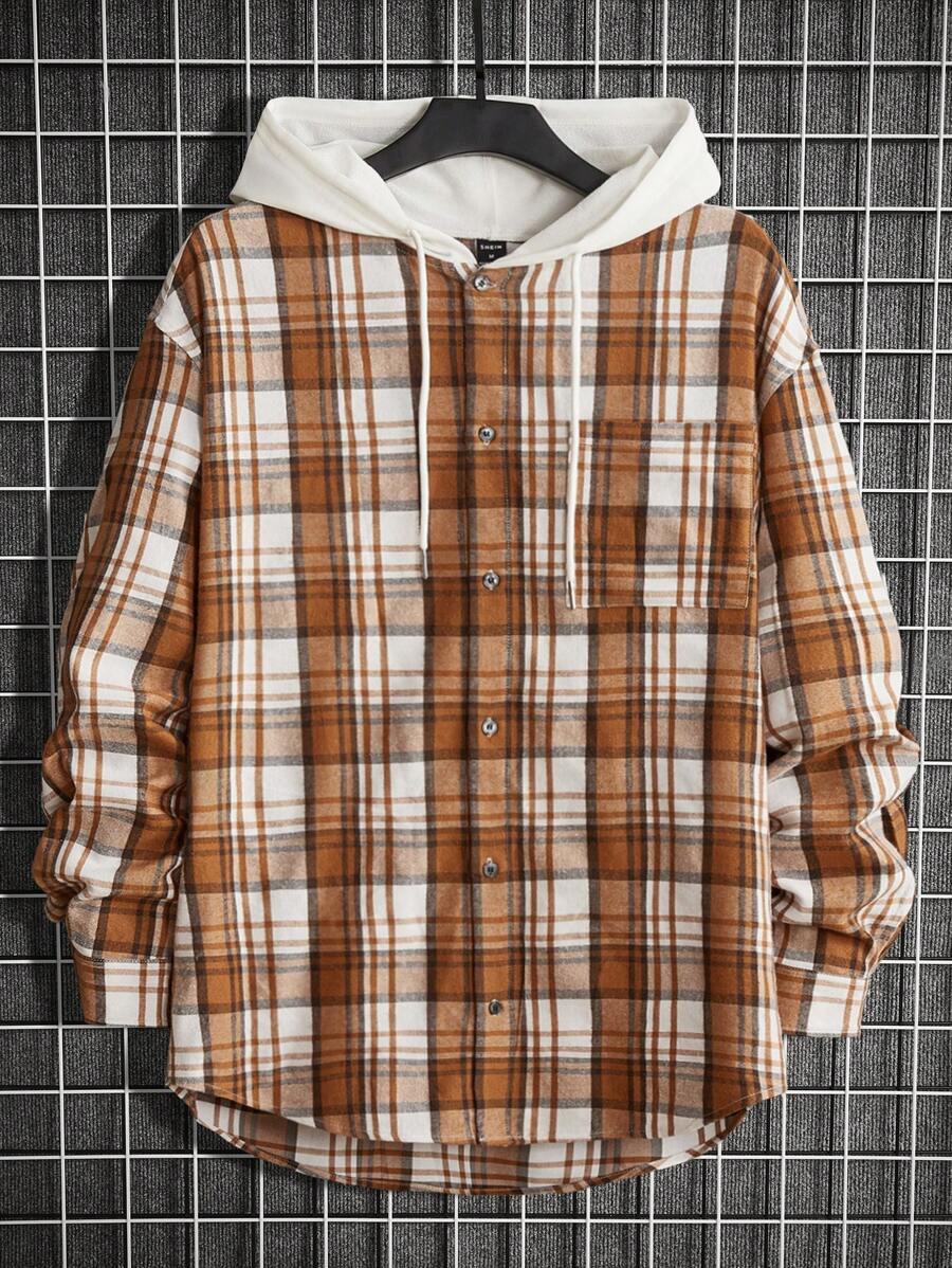 Manfinity RebelGame Áo khoác nam oversize có mũ trùm đầu, viền cao thấp, họa tiết kẻ caro, dây rút - Nhiều màu - Xem 1