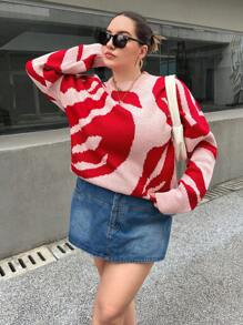 SHEIN Essnce 大碼圖形圖案落肩袖套頭毛衣 - 彩色 - 查看 6