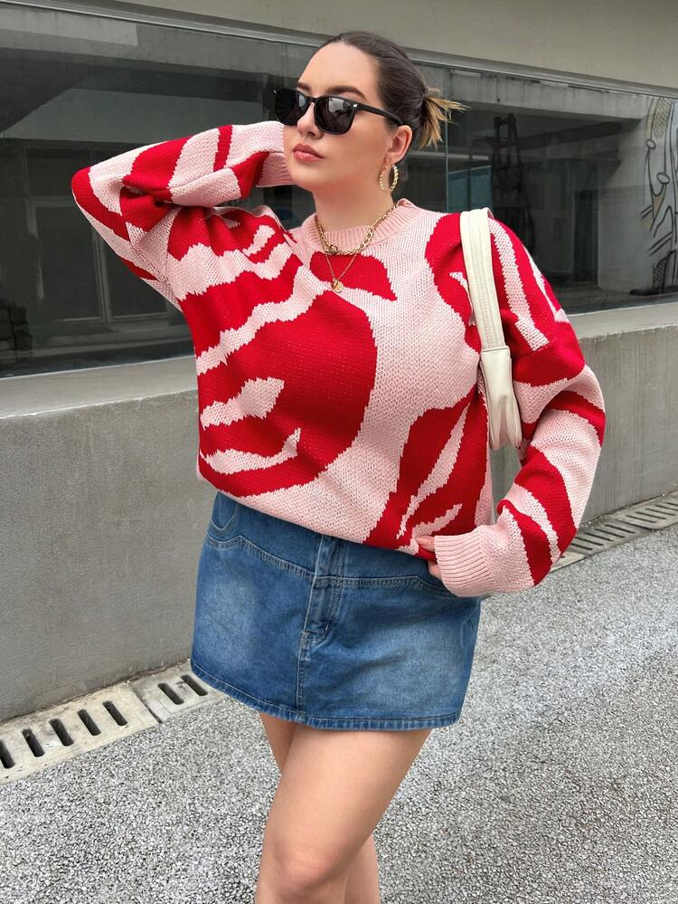Plus Graphic Pattern Drop Shoulder Sweater