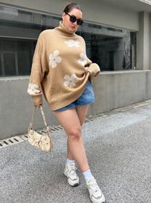 SHEIN Essnce Plus Floral Pattern Turtleneck Drop Shoulder Sweater - Camel - View 4