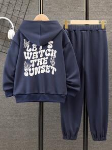 男大童字母圖案袋鼠口袋連帽衫和運動褲 - 藍色 - 查看 2