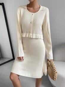 SHEIN LUNE 荷葉邊條紋針織毛衣洋裝 - 米色 - 查看 3