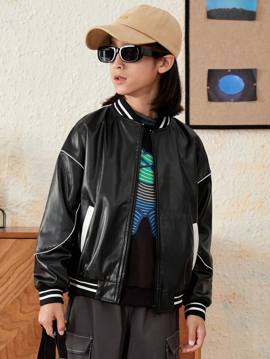 SHEIN 1pc Tween Boy Contrast Piping Drop Shoulder PU Leather Varsity Jacket - Black and White - View 1