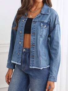 SHEIN Privé 落肩毛邊牛仔夾克 - 淺色水洗藍 - 查看 3