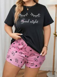 Plus Slogan Graphic Tee & Heart Print Shorts PJ Set / Pajama Set - Multicolor - View 1