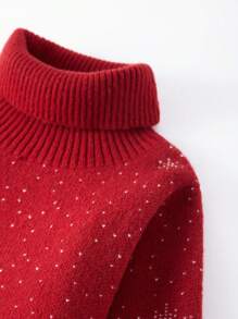 SHEIN Tween Girl Turtleneck Snowflake Pattern Ruffle Hem Sweater Dress, For Christmas - Red - View 6