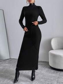SHEIN Essnce Solid High Neck Tee & Ribbed Skirt - Black - View 3