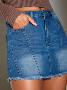 SHEIN BAE Rhinestone Detail Raw Hem Denim Skirt