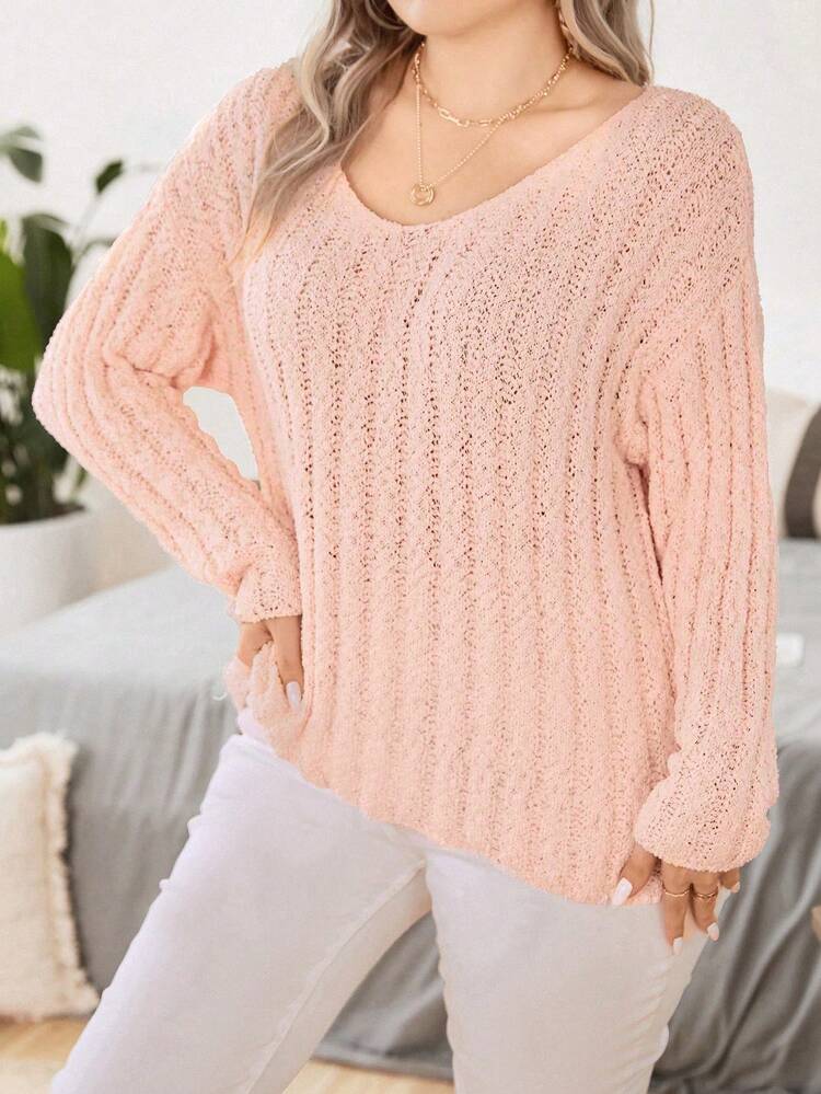 Plus Drop Shoulder Ribbed Knit Sweater Knit Pullover Fall Winter Sweater