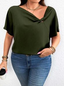 Celure Blusa holgada con cuello asimétrico y mangas de murciélago en color único talla grande