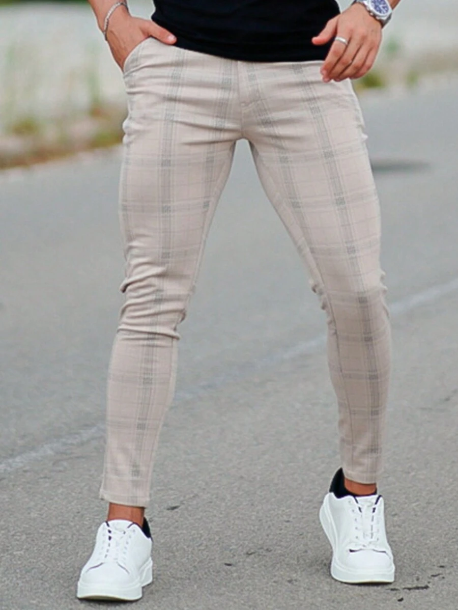 Nam In kẻ sọc Túi nghiêng Quần tây - Màu Khaki - Xem 1