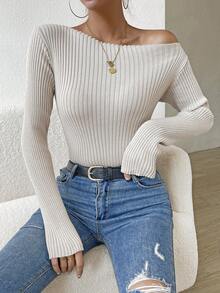 SHEIN Privé Jersey de cuello barco tejido de canalé - Albaricoque - Ver 5