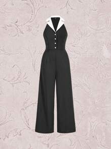 Vintamour Cổ áo tương phản Nút phía trước Áo liền quần ống rộng Không có thắt lưng - màu đen - Xem 1